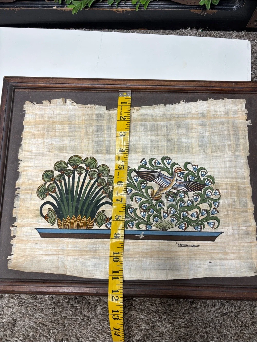 Egyptian art painted on papyrus duck lotus and papyrus plants with frame